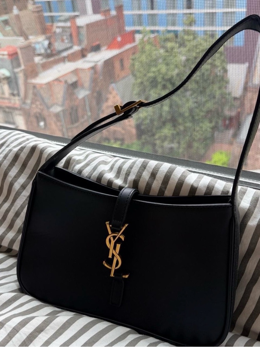 Saint Laurent Black Leather Shoulder Bag with Gold YSL Logo